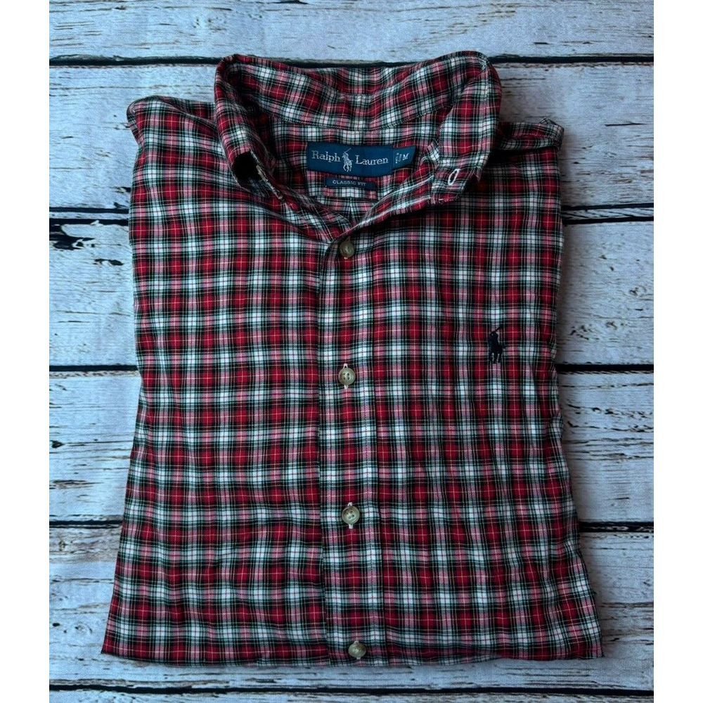 Ralph Lauren Button Shirt Mens Medium Red Green Plaid Long Sleeve Classic Fit